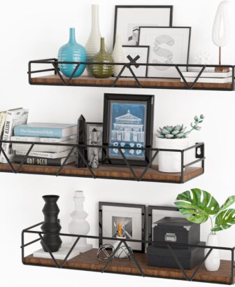 Amaoot Floating Shelves Set of 3, Home Wood Wall Shelf, Farmhouse Shelf for Bedroom, Wall Mounted Floating Shelf for Living Room, Bedroom, Bathroom, Kitchen, Office (Black)