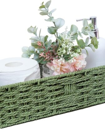 Round Paper Rope Storage Basket Wicker Baskets for Organizing with Handle Decorative Storage Bins for Countertop Toilet Paper Basket for Toilet Tank Top Small Baskets , Green