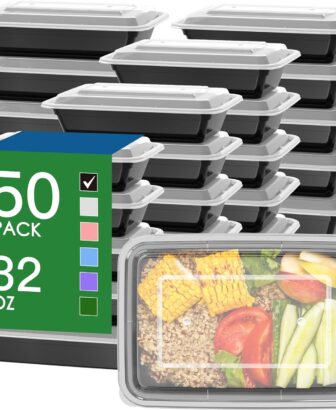50 Pack (100-Piece) 32 oz Meal Prep Containers Reusable with Easy Open Lids, Sturdy Leakproof Food Safe, Microwave Freezer Dishwasher Safe, To Go Take Out Plastic Food Storage Pans with Lids, Black